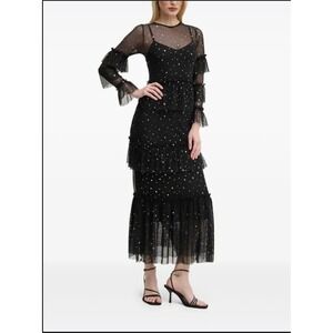 Never Fully Dressed Maxi Dress 2 Black Mesh Star Celestial Tiered Ruffle Witchy